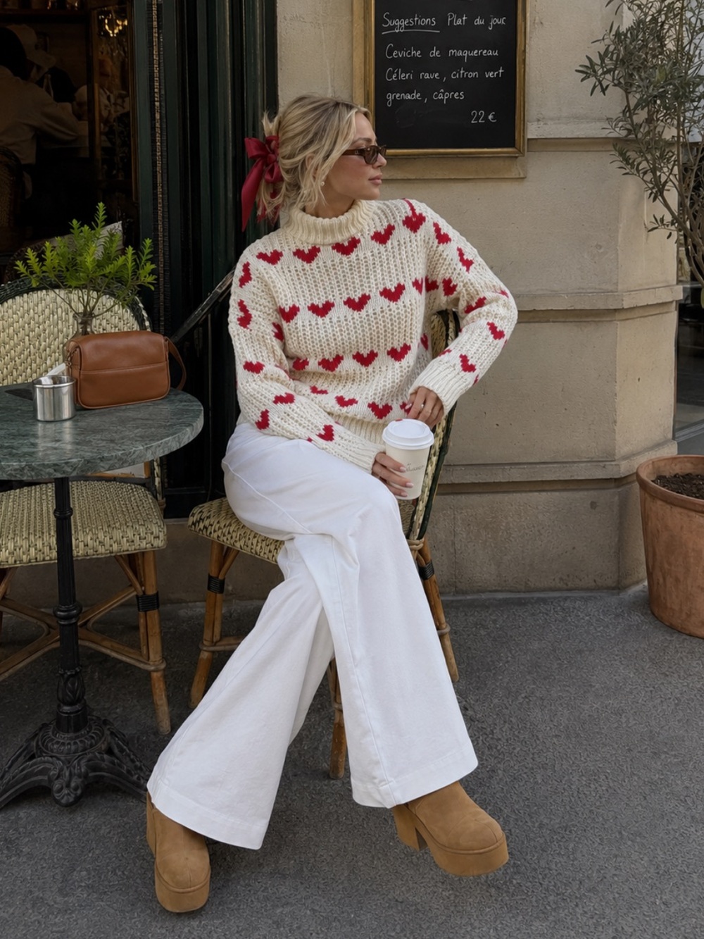 SHEIN Cream and Red Heart Knit Sweater